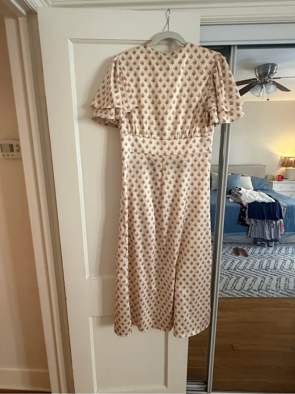 Cream Midi Dress with Brown Floral Print and Front Zip